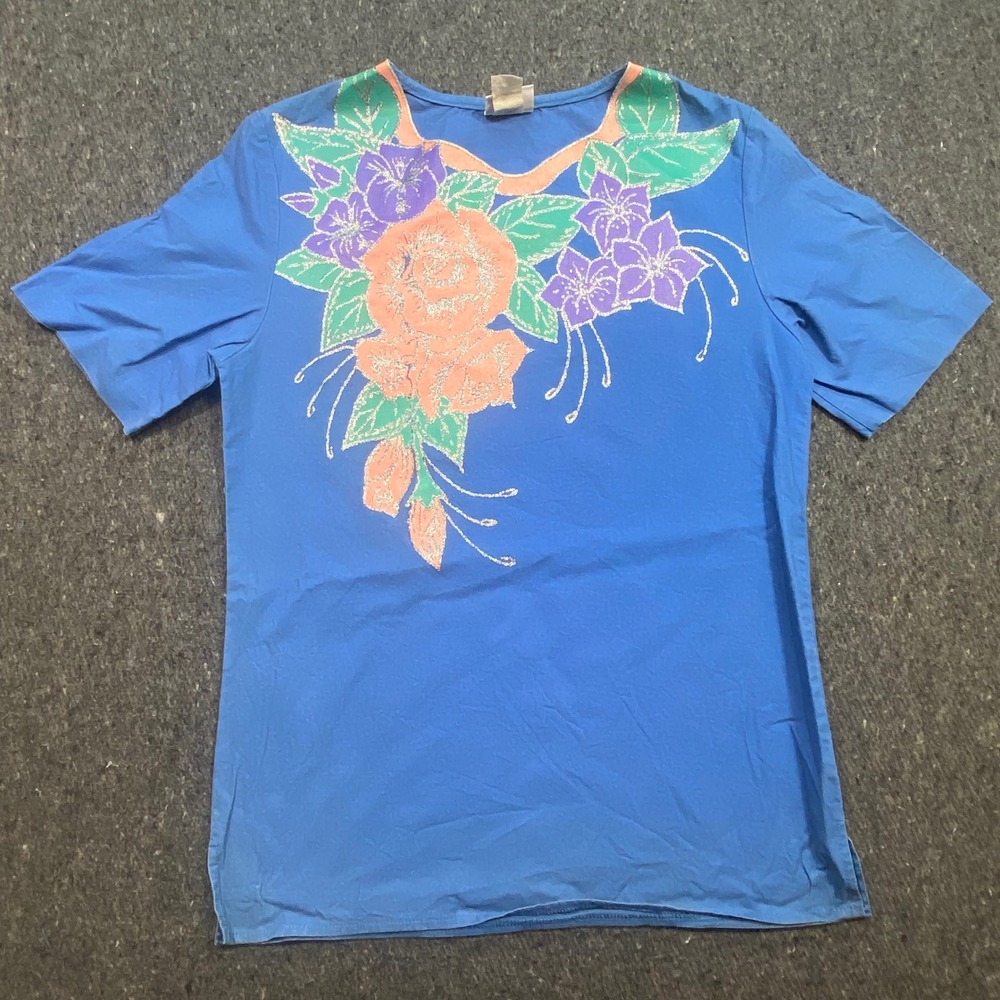 Haband Vintage Grandma Core‎ Women Small Blue Floral Glitter Graphic T-Shirt USA